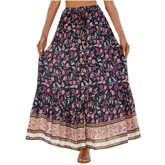 Womens Floral Print Skirt Vintage Printed Loose Maxi A-Line Skirts Summer Casual Boho Beach Bohemian Skirts Soft Lightweight Elasticated Waist Long Skirts
