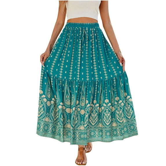 Womens Floral Print Skirt Vintage Printed Loose Maxi A-Line Skirts Summer Casual Boho Beach Bohemian Skirts Soft Lightweight Elasticated Waist Long Skirts