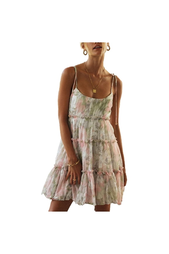 Womens Floral Print/Strawberry Embroidered Sequin Spaghetti Strap Sleeveless Long Sleeve Mini Swing Dress