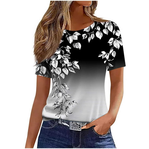 Womens Floral Print T-Shirts Round Neck Tee Short Sleeve Tops Loose Fit Tunic Blouses Gym Workout Y2K Clothes
