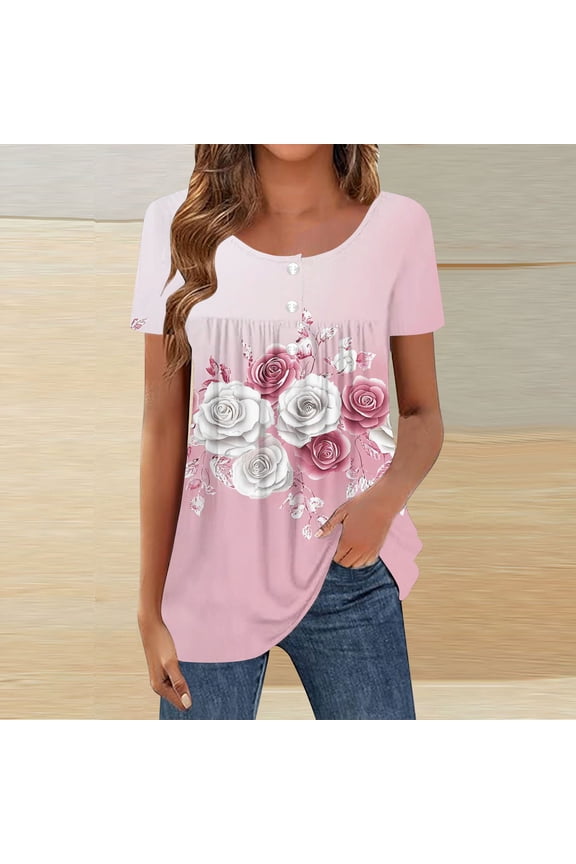 Womens Floral Print Top Short Sleeve Relaxed Fit Tummy Control Pink Rose Tee Soft Stretchy Casual,Size 2XL