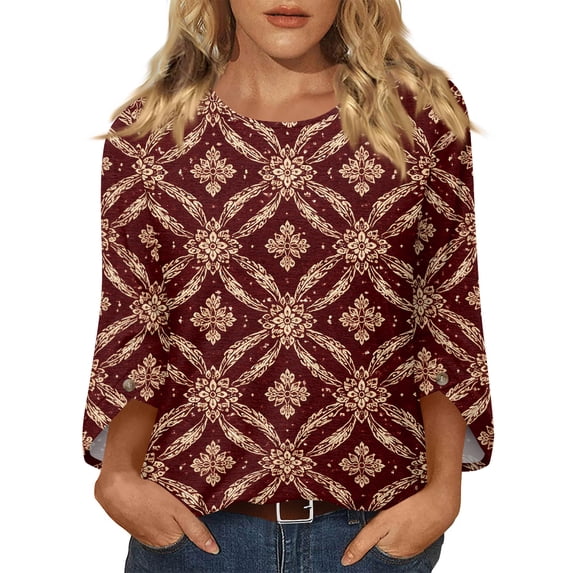 Womens Floral Print Tops Casual 3/4 Sleeve Tunic Shirts Loose Fit Crew Neck Blouses Lightweight Spring Summer Tops