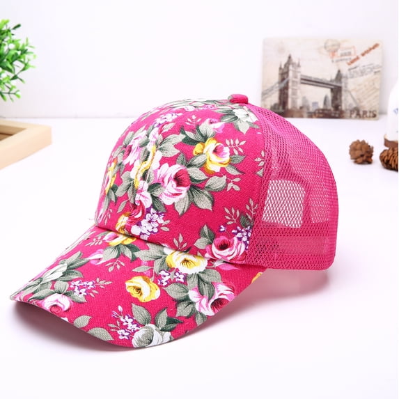 Womens Floral Print Trucker Hat - Breathable Mesh Back Adjustable Snapback Baseball Cap,Summer Floral Pattern Low Profile Sun Hat For Outdoor Sports Fishing,Hawaiian Cotton Floral Front Dad Golf Hat