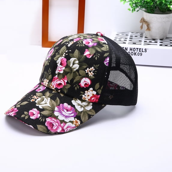 Womens Floral Print Trucker Hat - Breathable Mesh Back Adjustable Snapback Baseball Cap,Summer Floral Pattern Low Profile Sun Hat For Outdoor Sports Fishing,Hawaiian Cotton Floral Front Dad Golf Hat