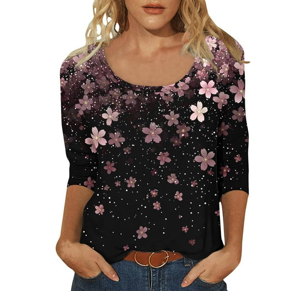 Womens Floral Print Tunics Blouses 2025 Summer Cherry Blossom Tees Shirts Round Neck T-Shirts 3/4 Length Sleeve Tops Relaxed Fit Tunic Blouses
