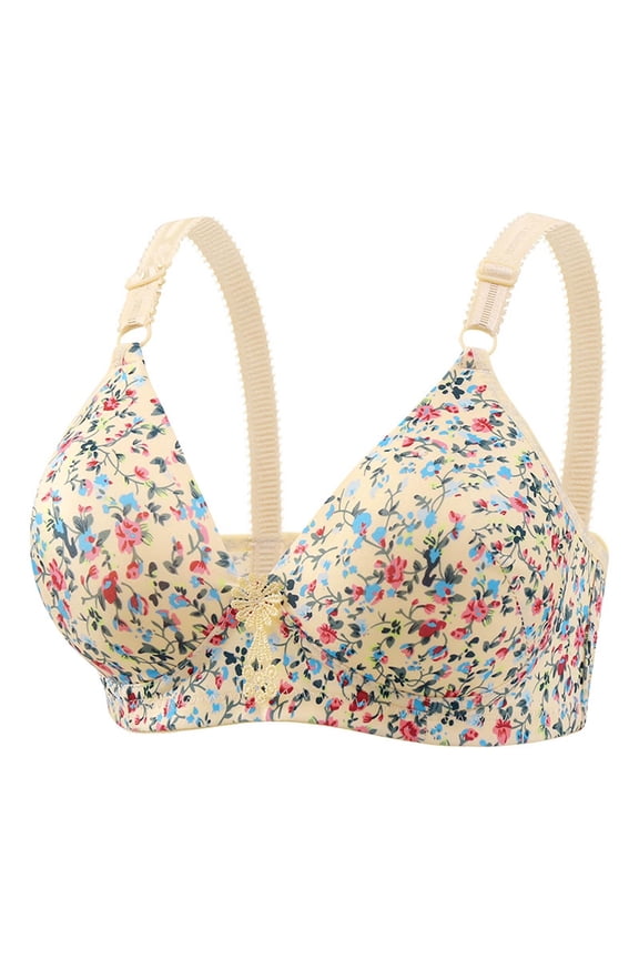 Womens Floral Print Wireless Bra, Wireless Full Coverage Supportive Lightly Lined Soft Comfort Lightweight Push Up Bralette with Adjustable Straps Daily Wear, Beige 36B