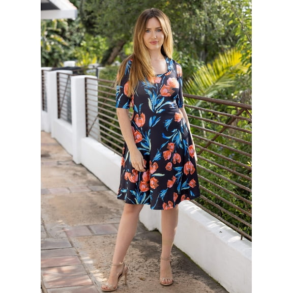 Womens Floral Elbow Sleeve Swing Dress