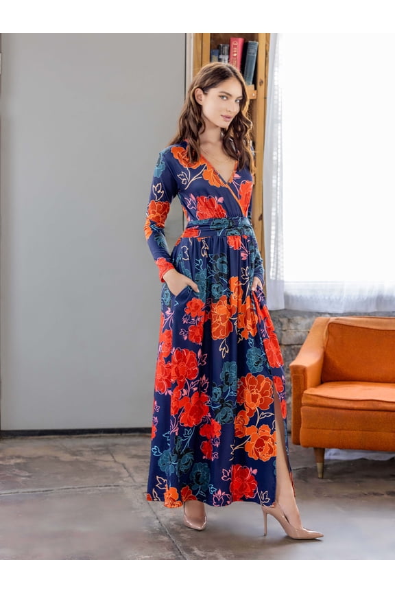 Womens Floral Print Wrap Maxi Dress