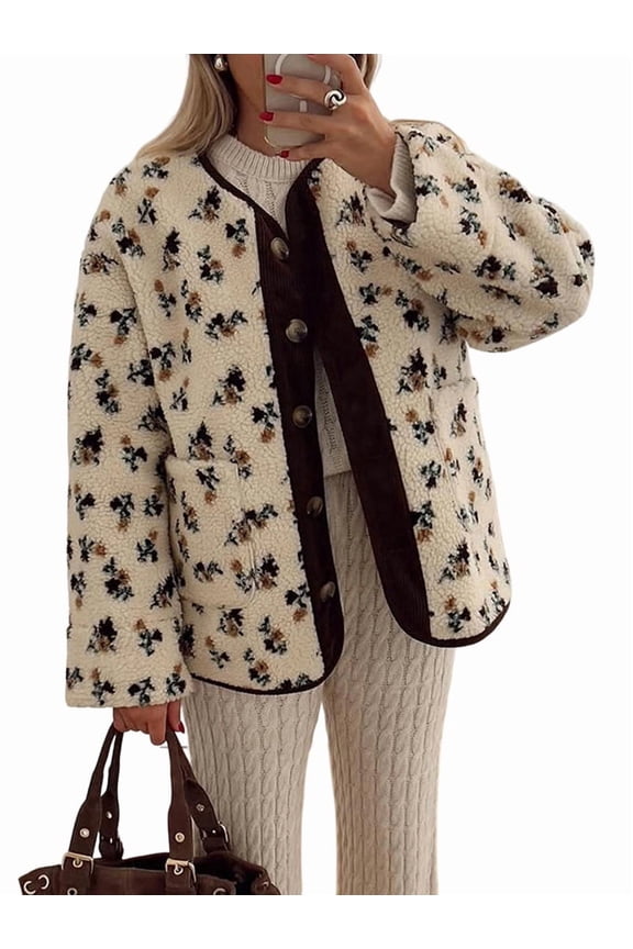 Womens Floral Print -Y Fleece Jacket Button Winter Teddy Fleece Jacket Casual Faux Fur Outwear Brown L
