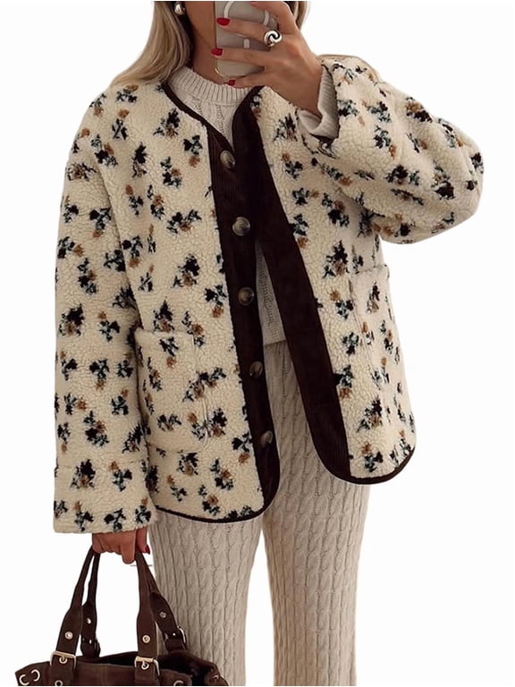 Womens Floral Print -Y Fleece Jacket Button Winter Teddy Fleece Jacket Casual Faux Fur Outwear Brown L