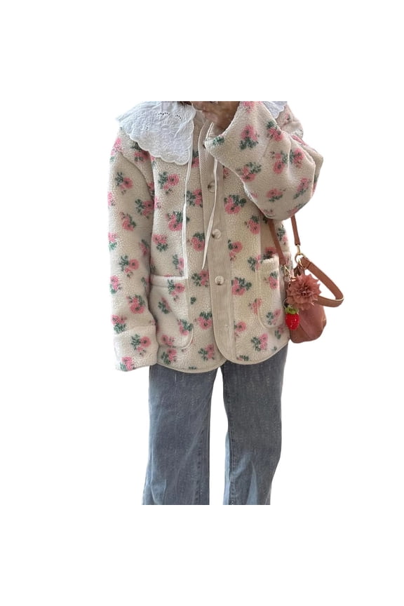 Womens Floral Print -Y Fleece Jacket Button Winter Teddy Fleece Jacket Casual Faux Fur Outwear Pink M