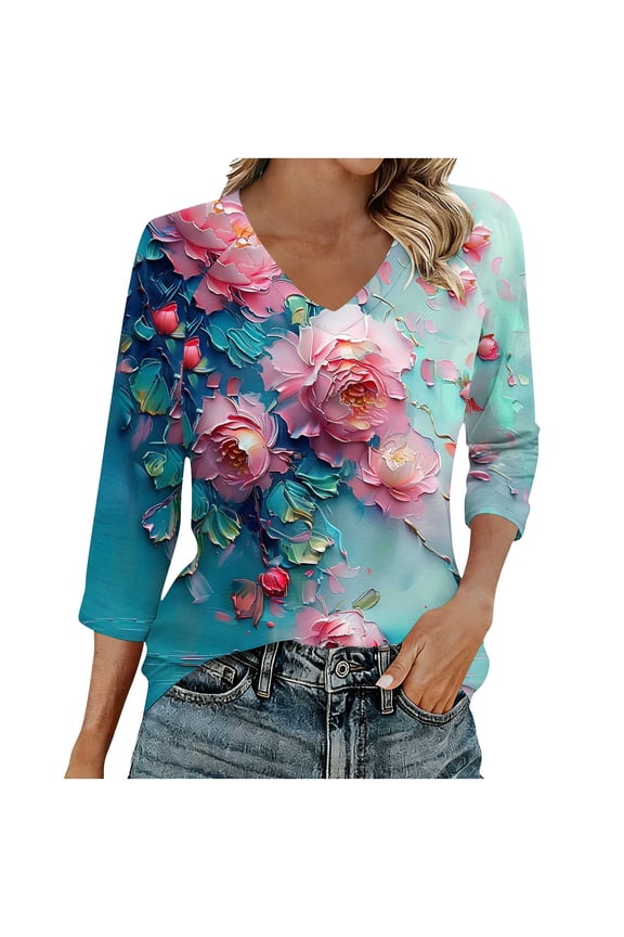 Womens Floral Printed 3/4 Length Sleeve Tops V Neck Shirts Fashion 2026 Basic Tops Slim Fit Blouses Tunics Going Out Outfits Y2K Clothes
