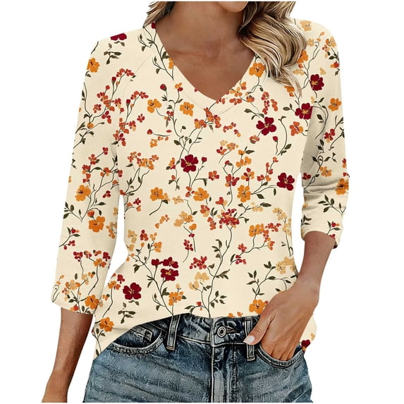 Womens Floral Printed 3/4 Length Sleeve Tops V Neck Shirts Fashion 2026 Basic Tops Slim Fit Blouses Tunics Going Out Outfits Y2K Clothes