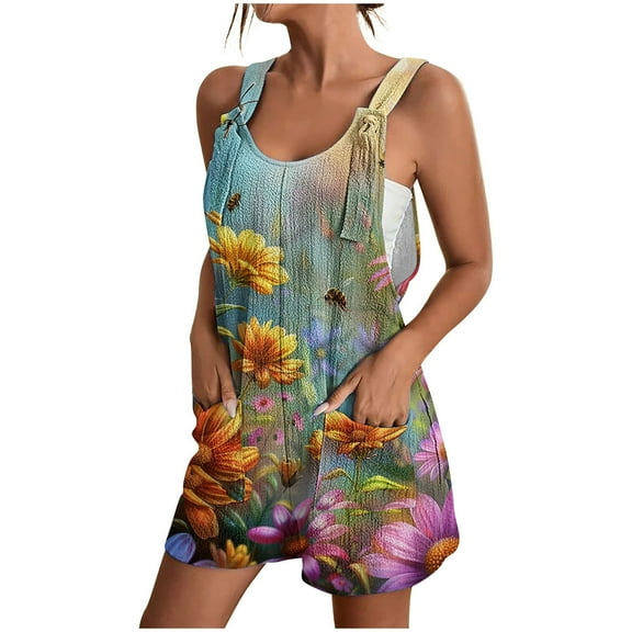 Womens Floral Printed Adjustable Strap Rompers Loose Fit Tie-Dye Summer Wide Leg Short Overalls with Pockets, 2025 Trendy Vacation Jumpsuits for Beach & Casual
