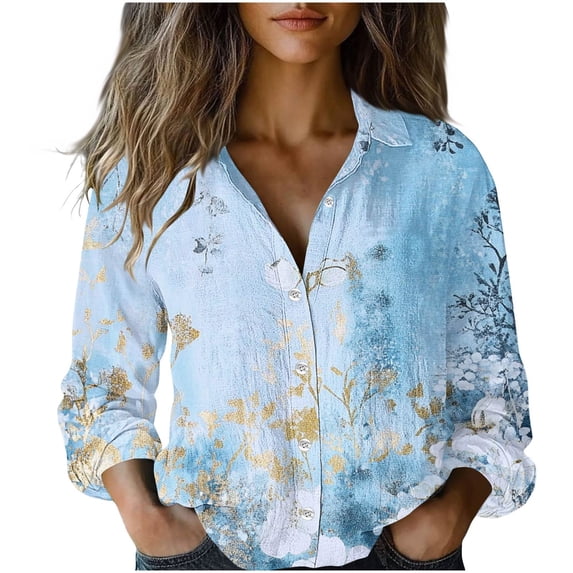Womens Floral Printed Shirts Button Down Long Sleeve Blouses Loose Fit Tunics Tops 2026 Blouses Dressy Tunic Spring Clothes Casual Outfit