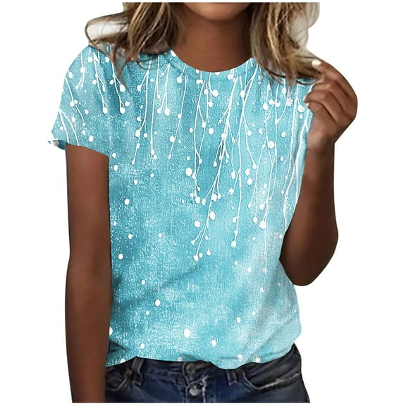 Womens Floral Printed Shirts Summer Crew Neck Short Sleeve Tops Casual Loose Basic Tee Soft Comfy Clothes (L, Light Blue)