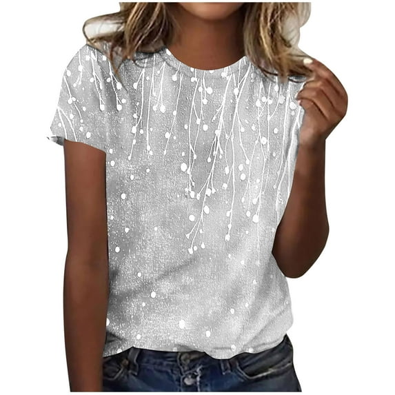 Womens Floral Printed Shirts Summer Crew Neck Short Sleeve Tops Casual Loose Basic Tee Soft Comfy Clothes (S, Gray)