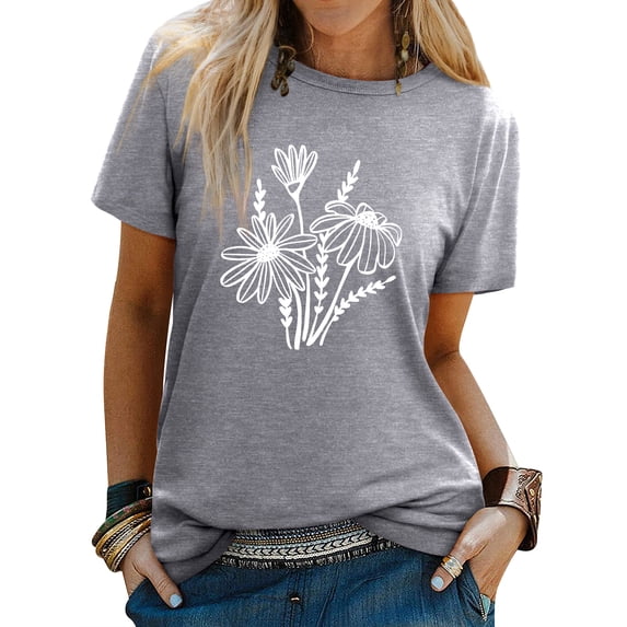 ZXSXSY Womens Floral Printed Short Sleeves Crew Neck Flower Top