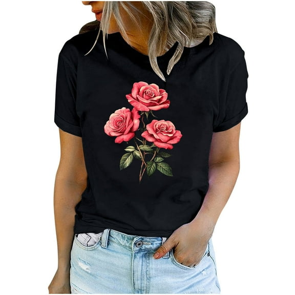 Womens Floral Printed T Shirts Valentine's Day Cute Short Sleeve T-Shirt Trendy Crewneck Basic Tops