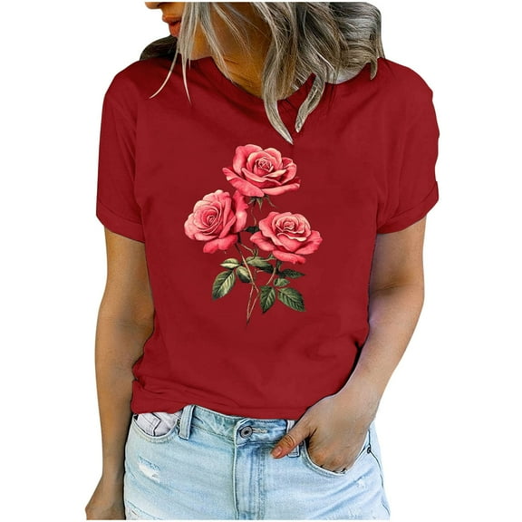 Womens Floral Printed T Shirts Valentine's Day Cute Short Sleeve T-Shirt Trendy Crewneck Basic Tops