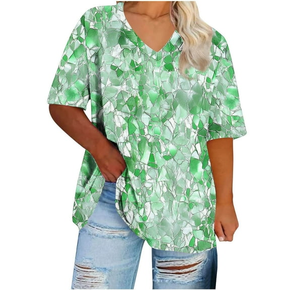 Womens Floral Printed T-shirts Plus Size V Neck Summer Tops Short Sleeve Loose Casual Graphic Tees Ladies Blouses (XL, Green 02)