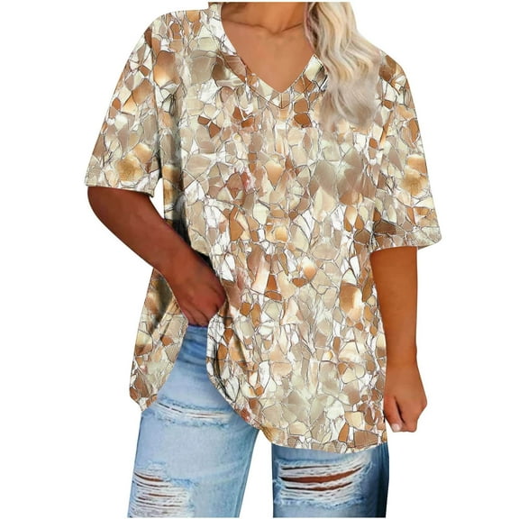 Womens Floral Printed T-shirts Plus Size V Neck Summer Tops Short Sleeve Loose Casual Graphic Tees Ladies Blouses (XL, Yellow 02)