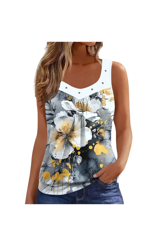 Womens Floral Printed Tank Tops Pleated Sleeveless Shirts Tops Banded Bottom Scoop Neck Tank Tops 2026 Spring Summer Tops