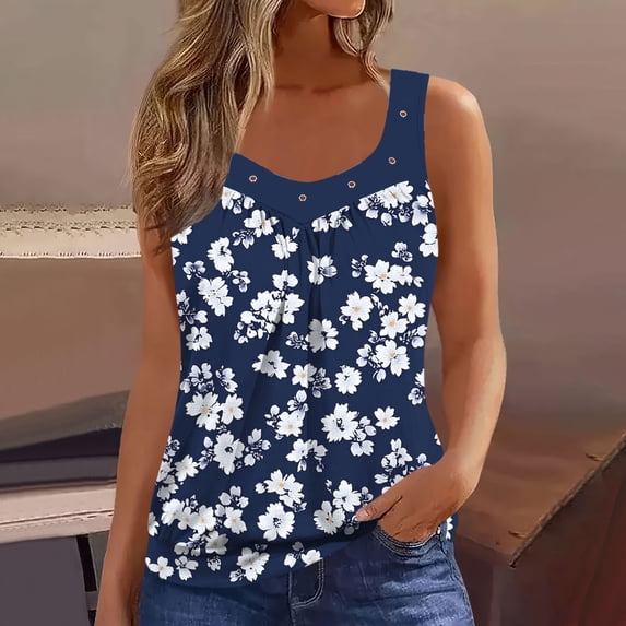Womens Floral Printed Tank Tops Summer Sleeveless Blouse V-Neck Casual Loose Fitting Ruched Pleated Tunic Shirt Navy S