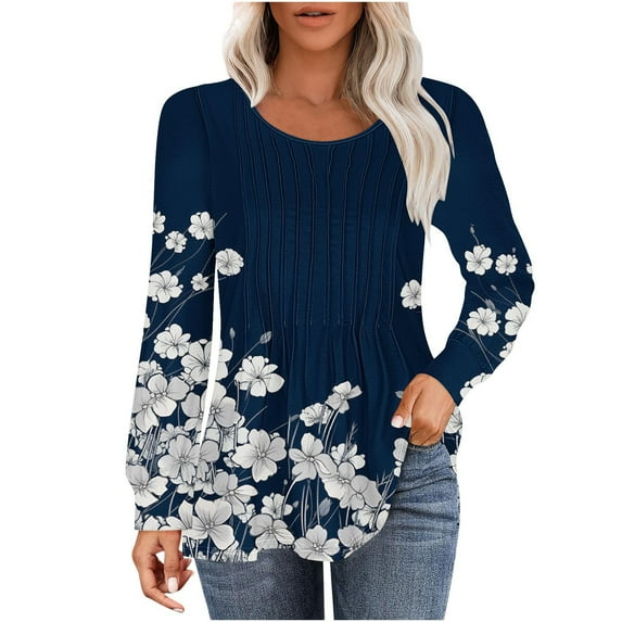 Womens Floral Printed Tops Plus Size Long Sleeve Round Neck Pleated Fall Tunic T-Shirts Casual Loose Cute Hide Belly Blouses Top,Blue 1,2XL