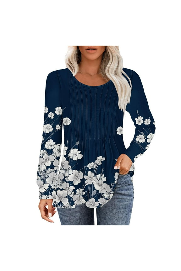 Womens Floral Printed Tops Plus Size Long Sleeve Round Neck Pleated Fall Tunic T-Shirts Casual Loose Cute Hide Belly Blouses Top,Blue 1,2XL