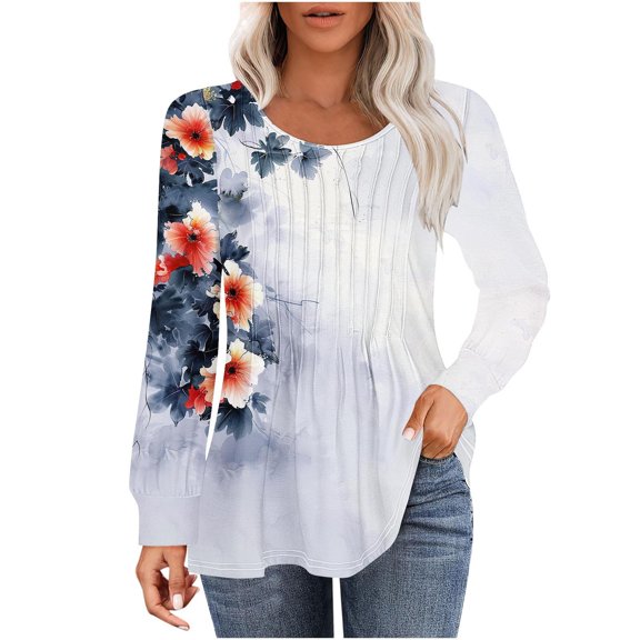 Womens Floral Printed Tops Plus Size Long Sleeve Round Neck Pleated Fall Tunic T-Shirts Casual Loose Cute Hide Belly Blouses Top,Gray 1,2XL