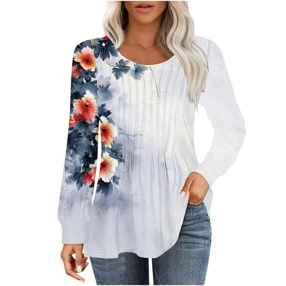 Womens Floral Printed Tops Plus Size Long Sleeve Round Neck Pleated Fall Tunic T-Shirts Casual Loose Cute Hide Belly Blouses Top,Gray 1,XL