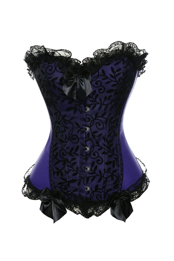 Womens Floral Purple Lace Trim Corset Overbust Waist Cincher Bustier Top Clubwear Cosplay Purple