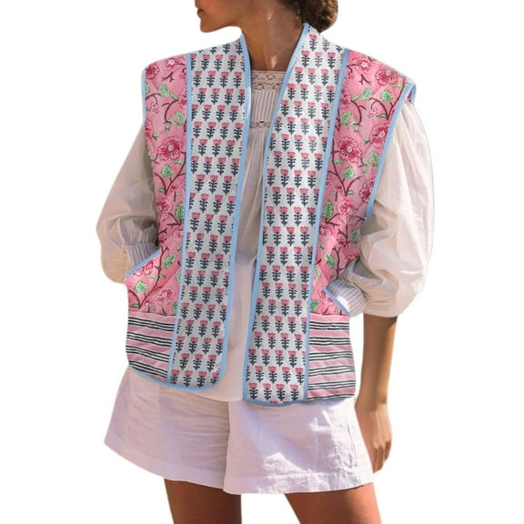 Womens Floral Quilted Puffer Vest Oversized Open Front Cap Sleeve Jacket Sleeveless Patchwork Outerwear