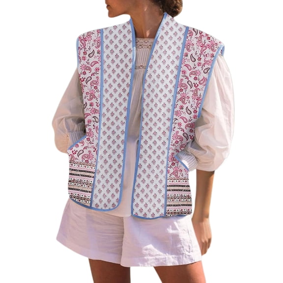 Womens Floral Quilted Puffer Vest Oversized Open Front Cap Sleeve Jacket Sleeveless Patchwork Outerwear