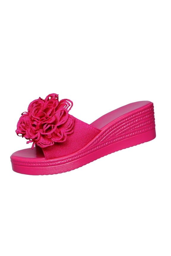 Womens Floral Sandals Hot Pink Wedge Slides Slip-On with Flower Decor Comfortable Low Heel for Casual Summer Wear,Size 5.5