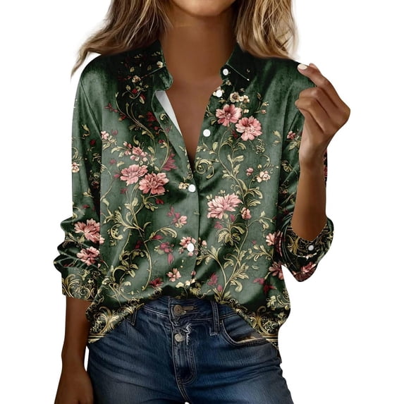 Womens Floral Satin Blouse Long Sleeve Button Down Silk Feel Modern Work Top Dark Green L