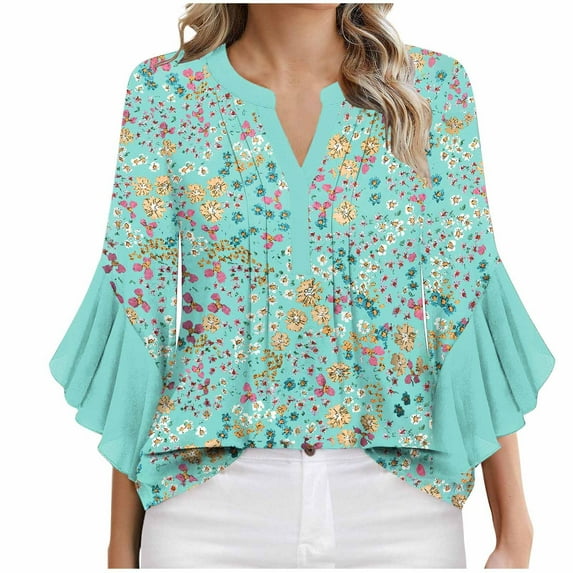 Womens Floral Shirts Fashion Ruffles 3/4 Length Sleeves V-Neck Casual Flowy T-Shirts Loose Comfy Going out Tops Style013 Small