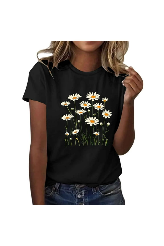 Womens Floral Shirts Wildflower Vintage Graphic Tees Spring Short Sleeve Crewneck T Shirts Summer Tops