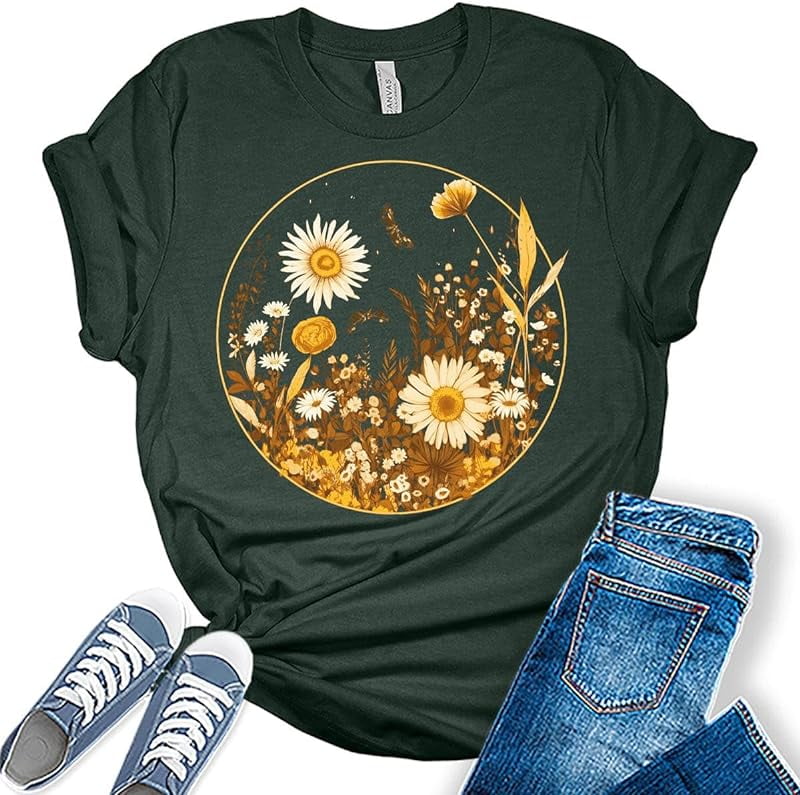 Womens Floral Shirts Wildflower Vintage Graphic Tees Spring Short ...