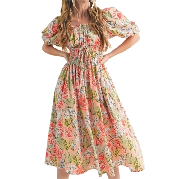 Womens Floral Smocked Square Neck Puff Short Sleeve Midi Dress in 100% Polyester Fabric Lightweight Casual Wear