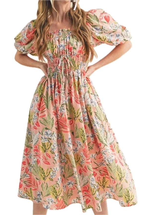 Womens Floral Smocked Square Neck Puff Short Sleeve Midi Dress in 100% Polyester Fabric Lightweight Casual Wear