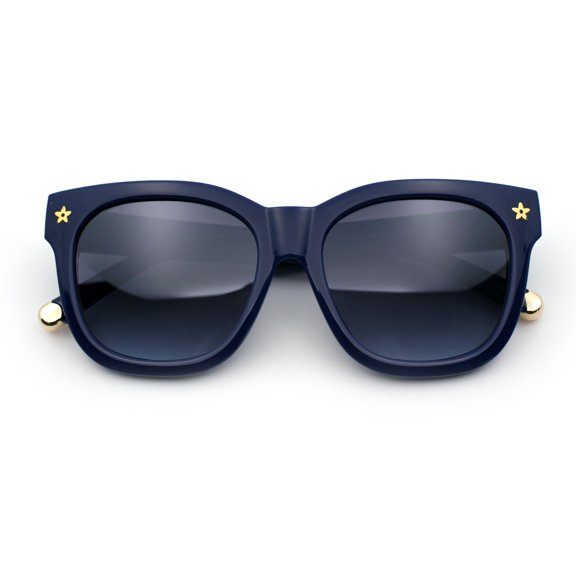 Womens Floral Star Metal Stud Jewel Arm Boyfriend Horn Rim Rectangle Sunglasses All Navy