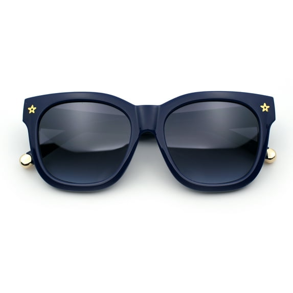 Womens Floral Star Metal Stud Jewel Arm Boyfriend Horn Rim Rectangle Sunglasses All Navy