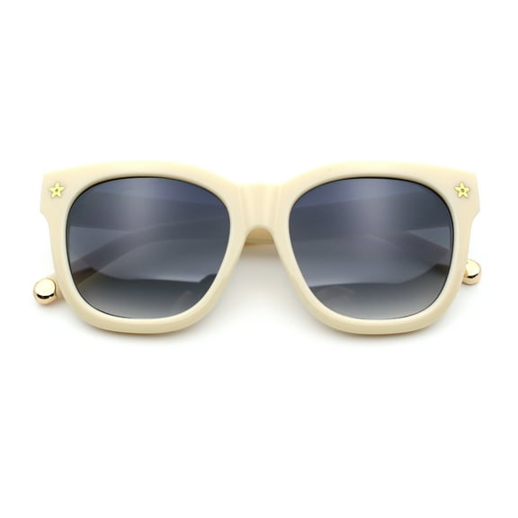 Womens Floral Star Metal Stud Jewel Arm Boyfriend Horn Rim Rectangle Sunglasses Ivory - Smoke