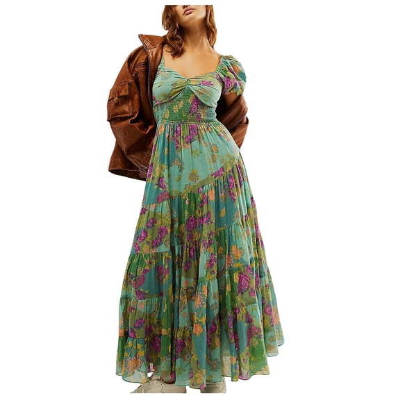 Womens Floral Summer Dress Casual Wrap V Neck Short Sleeve Belted Beach Bohemian Maxi Dress