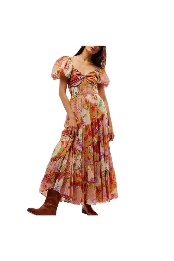 Womens Floral Summer Dress Casual Wrap V Neck Short Sleeve Belted Beach Bohemian Maxi Dress