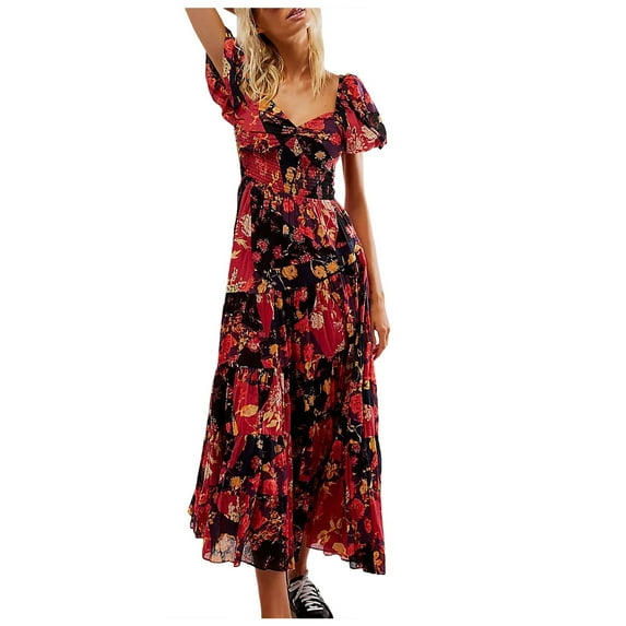 Womens Floral Summer Dress Casual Wrap V Neck Short Sleeve Belted Beach Bohemian Maxi Dress