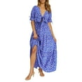 thumbnail image 1 of Womens Floral Summer Dress Casual Wrap V Neck Short Sleeve Belted Beach Bohemian Maxi Dress, 1 of 7