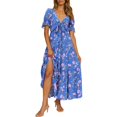 thumbnail image 1 of Womens Floral Summer Dress Casual Wrap V Neck Short Sleeve Belted Beach Bohemian Maxi Dress, 1 of 7
